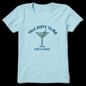NWT LIFE IS GOOD WOMEN'S TALK DIRTY TO ME MARTINI SHORT SLEEVE VEE IN BEACH BLUE